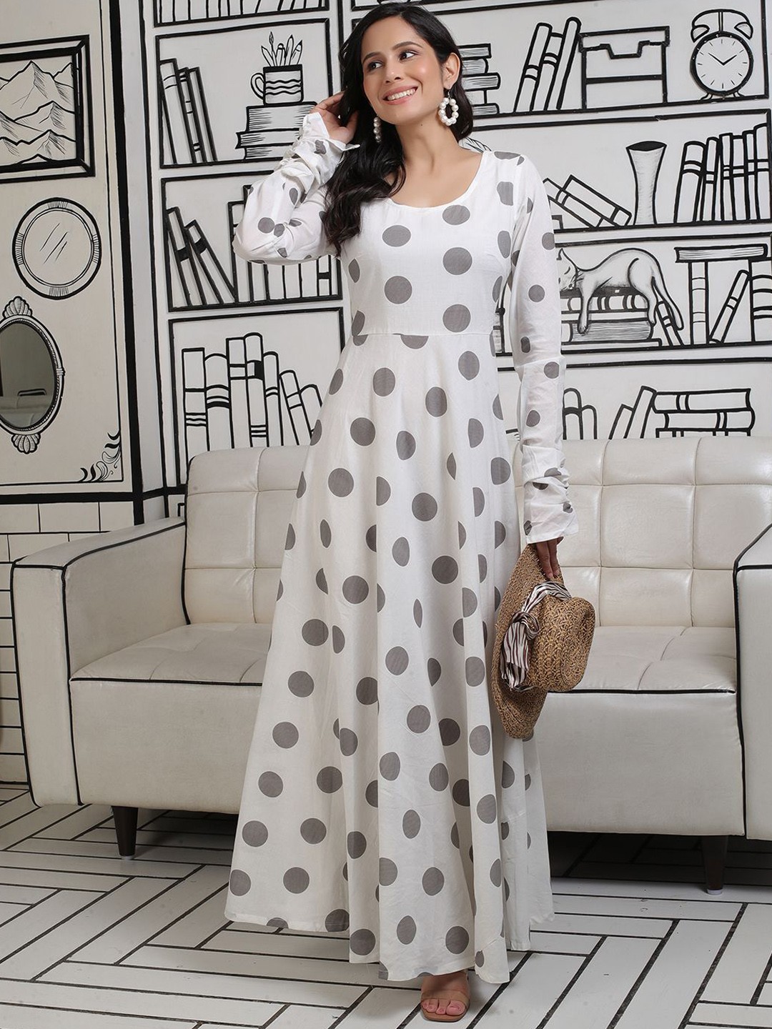 

AKS Cotton Polka Dots Printed Flared Maxi Cotton Dress, White