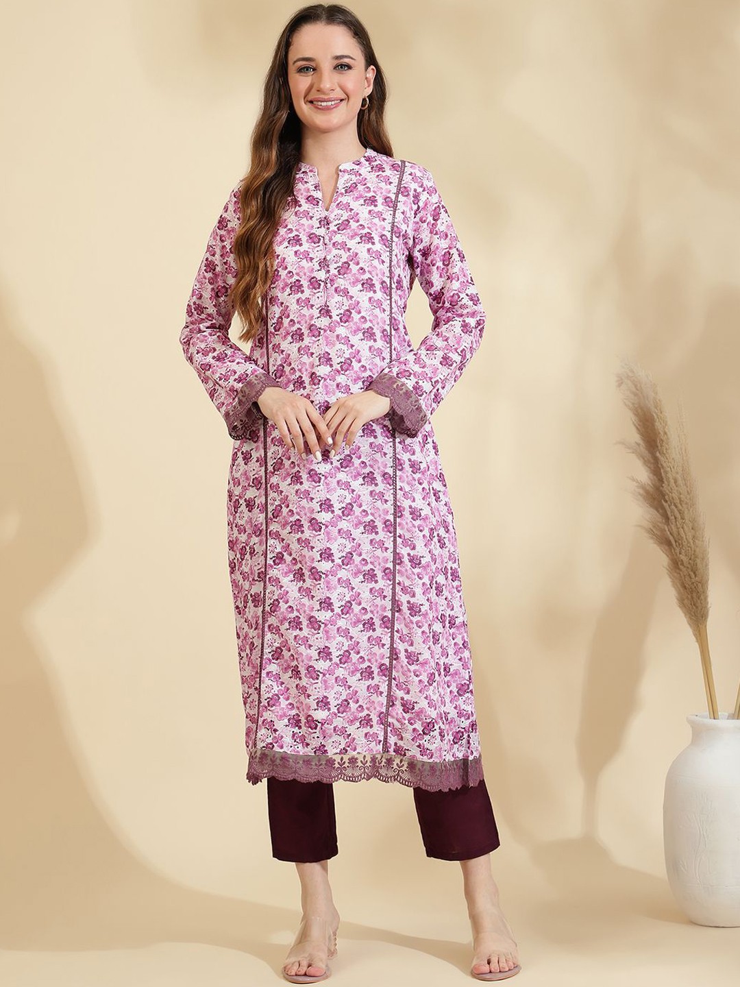 

Sringam Women Floral Printed Regular Pure Cotton Kurta with Trousers, Purple