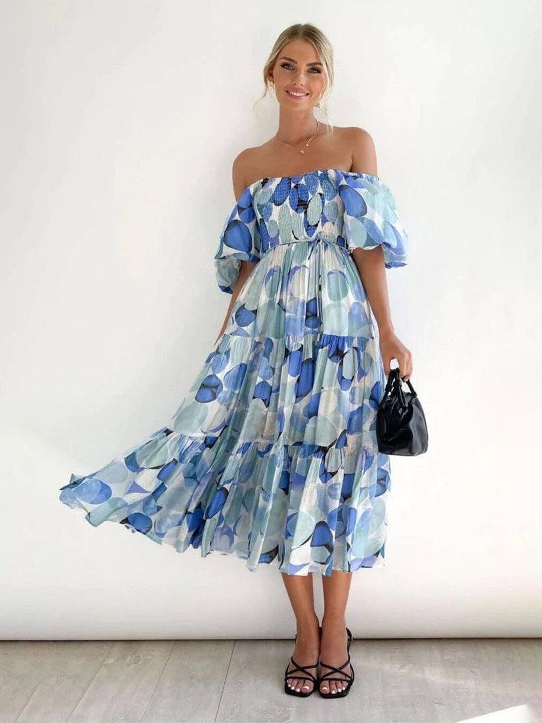 

FIESTA RESORTWEAR Floral Print Off-Shoulder Fit & Flare Midi Dress, Blue