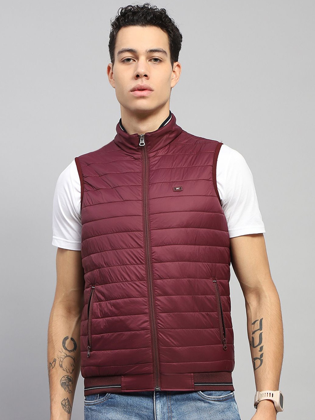 

Monte Carlo Men Mock Collar Solid Casual Padded Jacket, Maroon