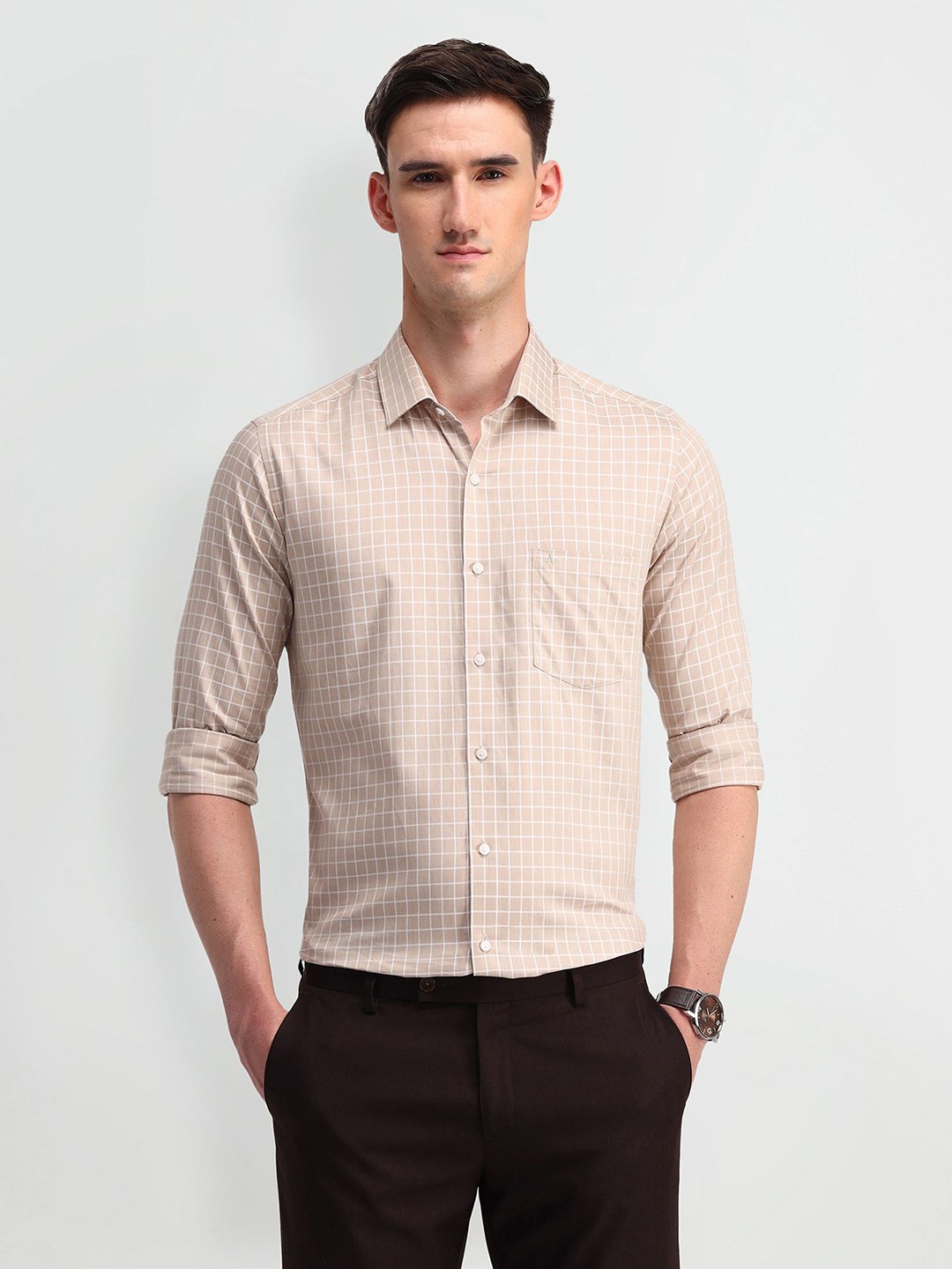 

Arrow Men Manhattan Spread Collar Gingham Checked Cotton Slim Fit Formal Shirt, Beige
