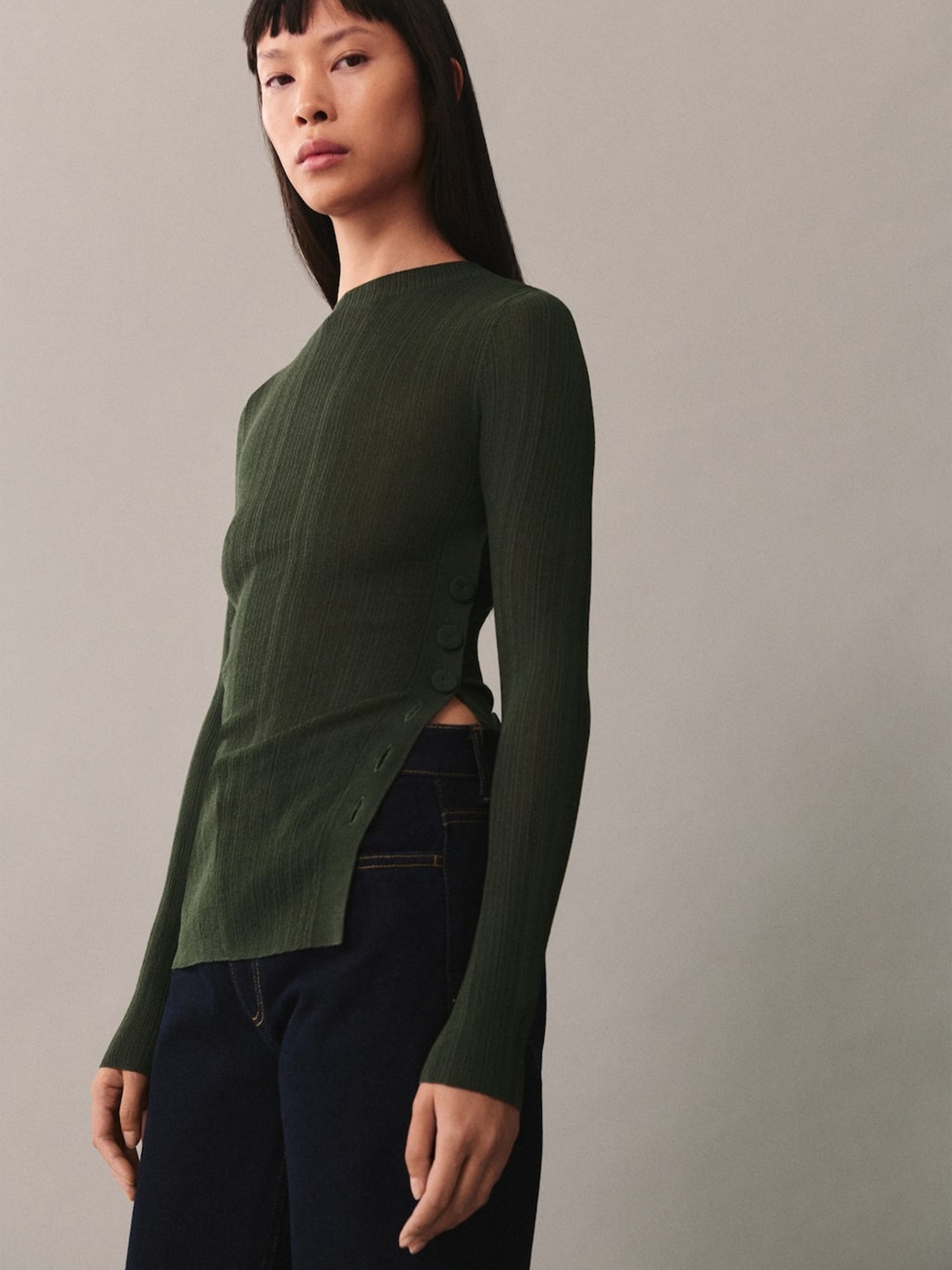 

MANGO Women Ribbed Longline Pullover, Olive