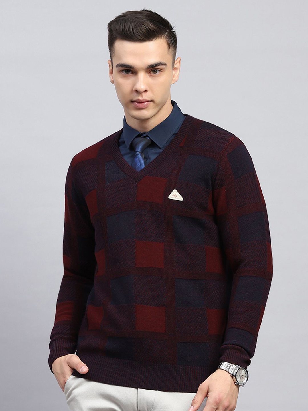 

Monte Carlo Men Checked Woollen Pullover, Maroon