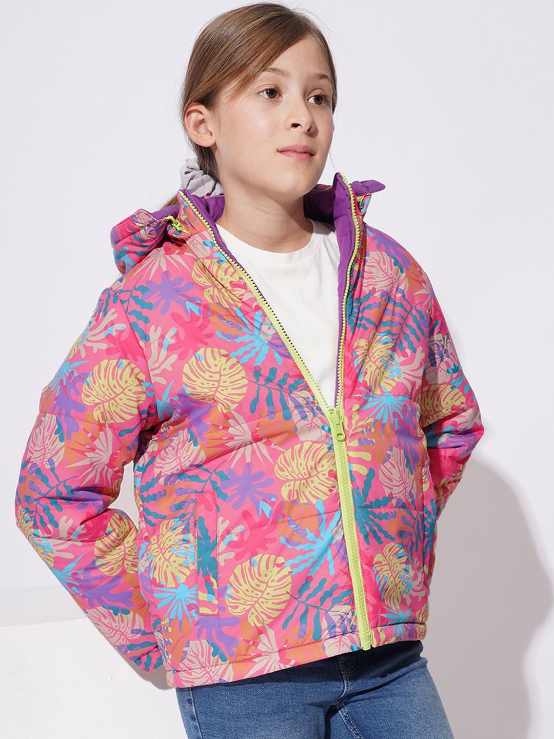 

Vero Moda Girls Hooded Floral Printed Casual Padded Jacket, Pink