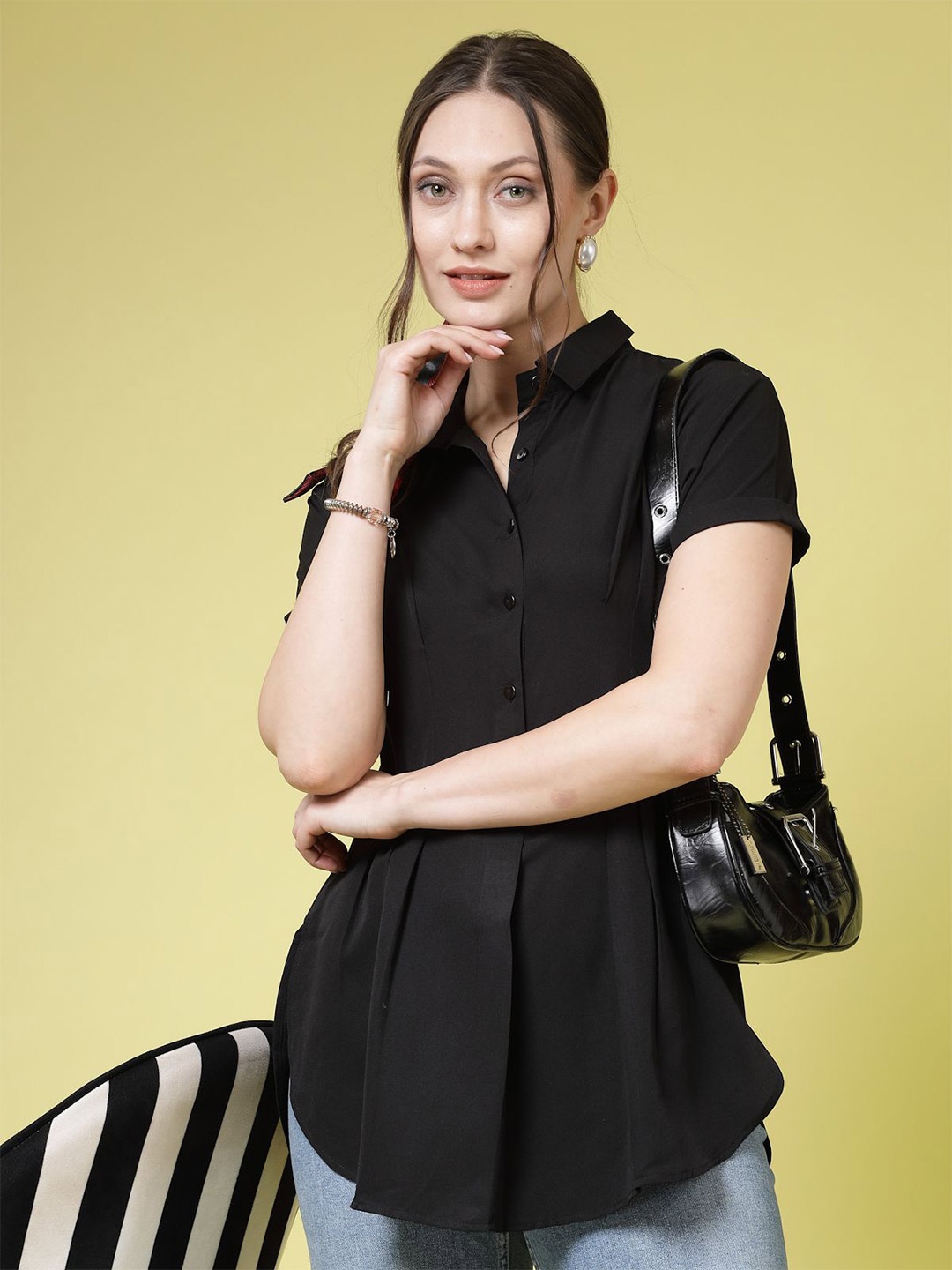 

BEING NAUGHTY Women Comfort Spread Collar Solid Slim Fit Casual Shirt, Black