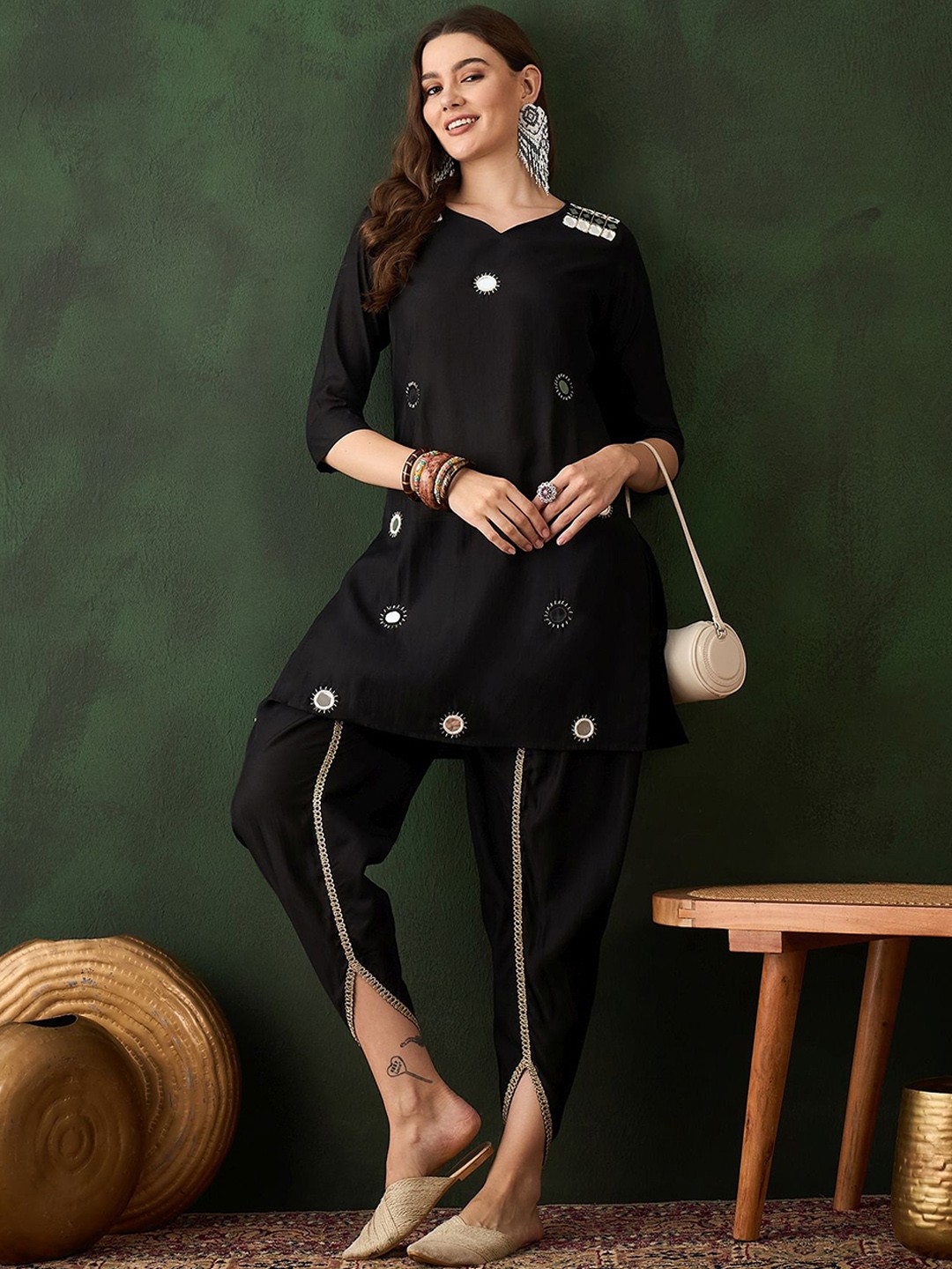 

Sangria Black Floral Embroidered Mirror Work Straight Kurta With Dhoti Pants