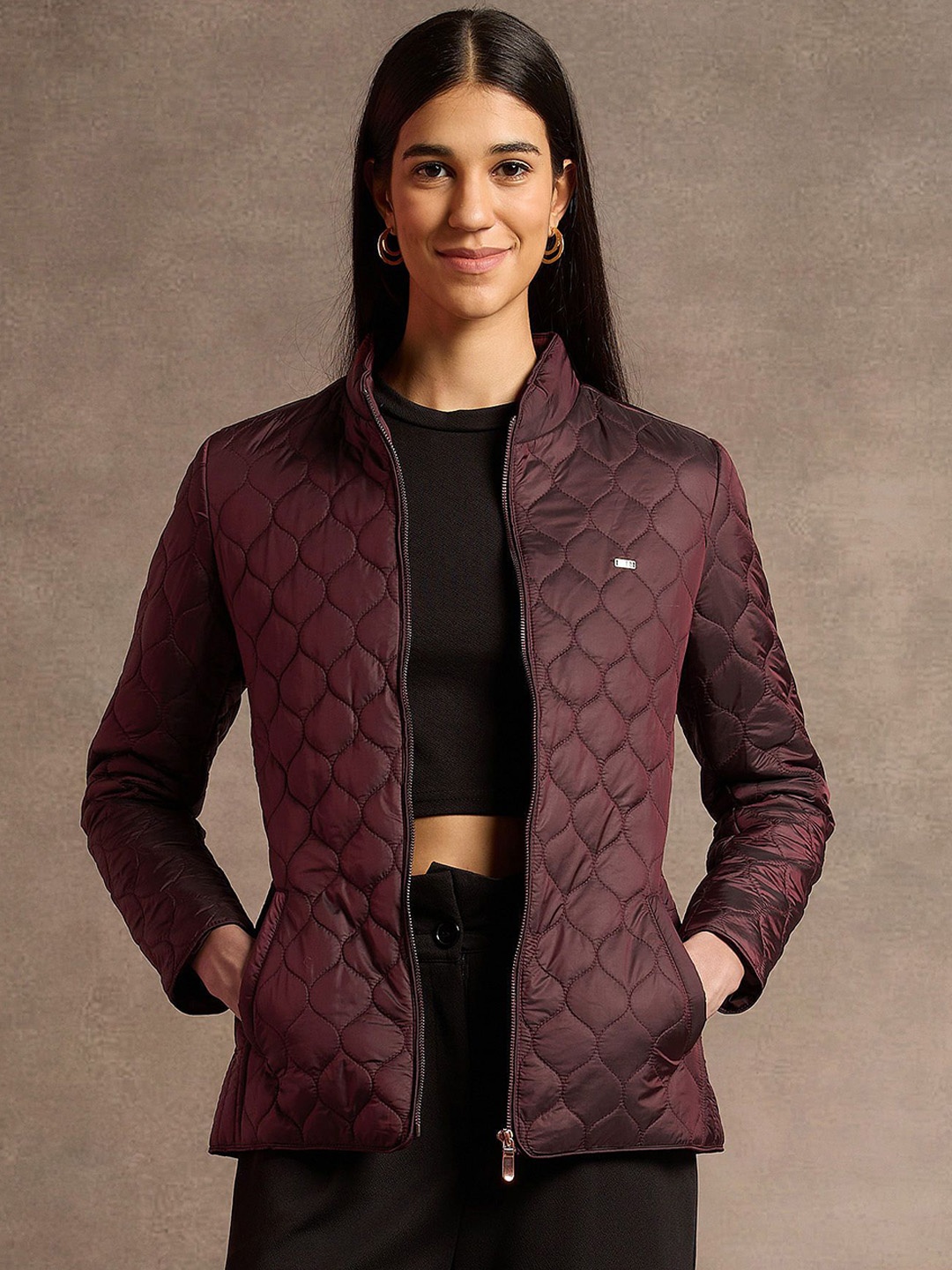 

U.S. Polo Assn. Women Stand Collar Solid Casual Quilted Jacket, Burgundy