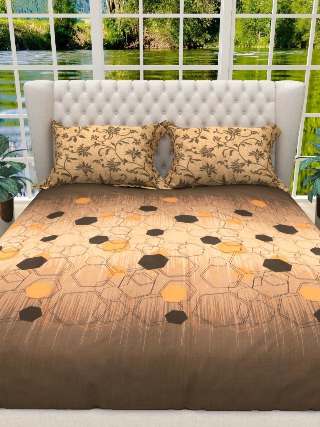 

THE WHITE MOSS Beige & Black 130 TC Cotton King Bedsheet with 2 Pillow Covers 2 x 2mt