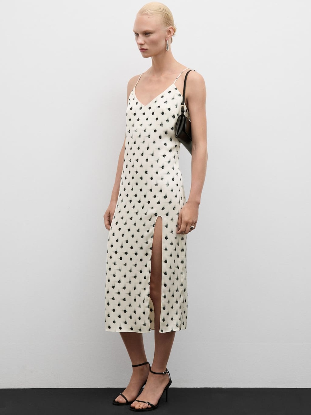 

MANGO Polka Dot Print Side Slit A-Line Midi Dress, White