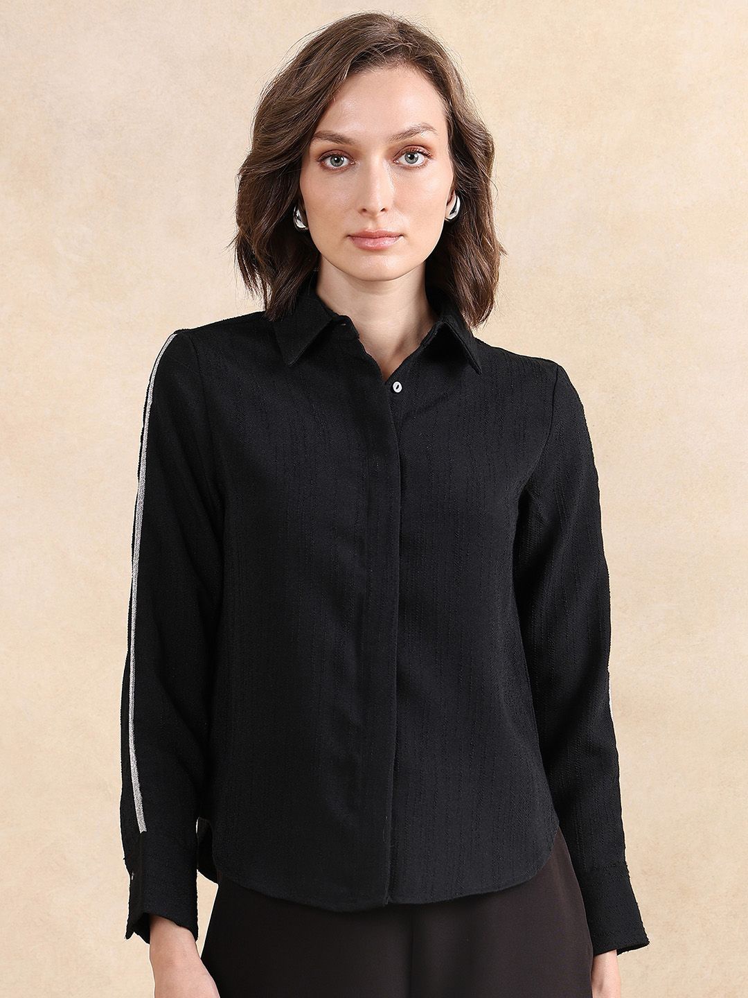 

RAREISM Women Comfort Spread Collar Solid Cotton Casual Shirt, Black