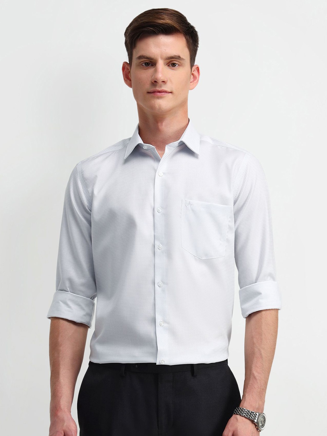 

Arrow Men Manhattan Spread Collar Micro Checked Cotton Slim Fit Formal Shirt, Grey