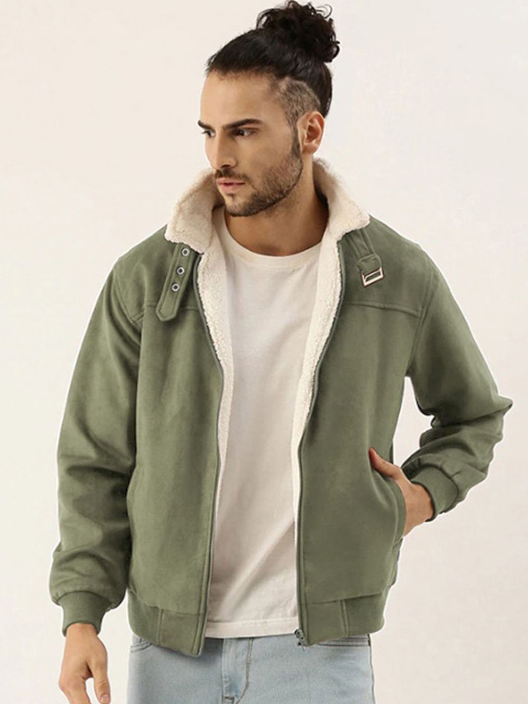 

Campus Sutra Men Spread Collar Solid Casual Bomber Jacket, Olive