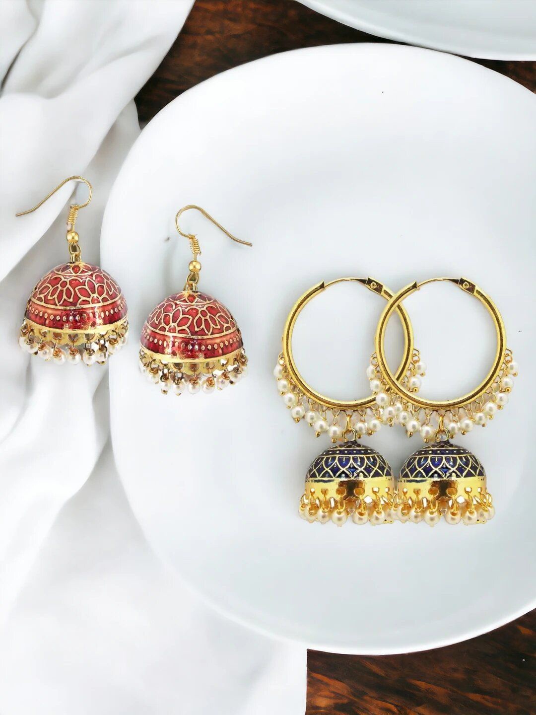 

9blings Set Of 2 Gold Plated Beaded Dome Shaped Meenakari Jhumkas, Maroon