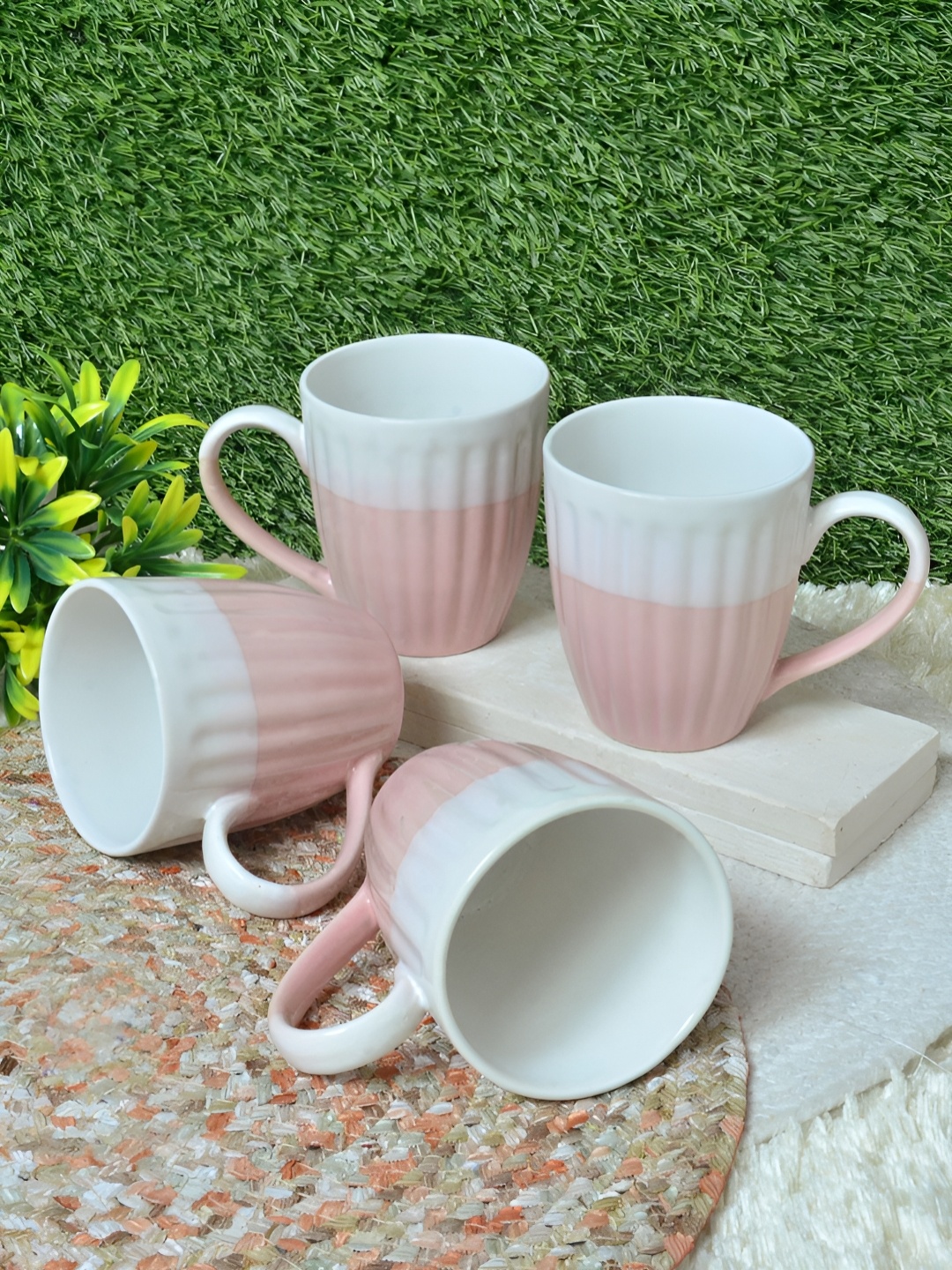 

FABINALIV Pink & White 4 Pieces Textured Ceramic Glossy Mugs Set of Cups and Mugs