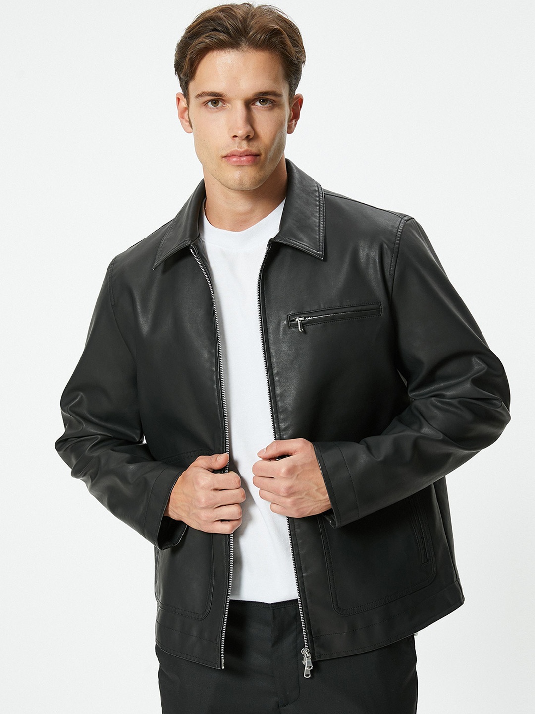 

Koton Men Spread Collar Solid Casual Biker Jacket, Black