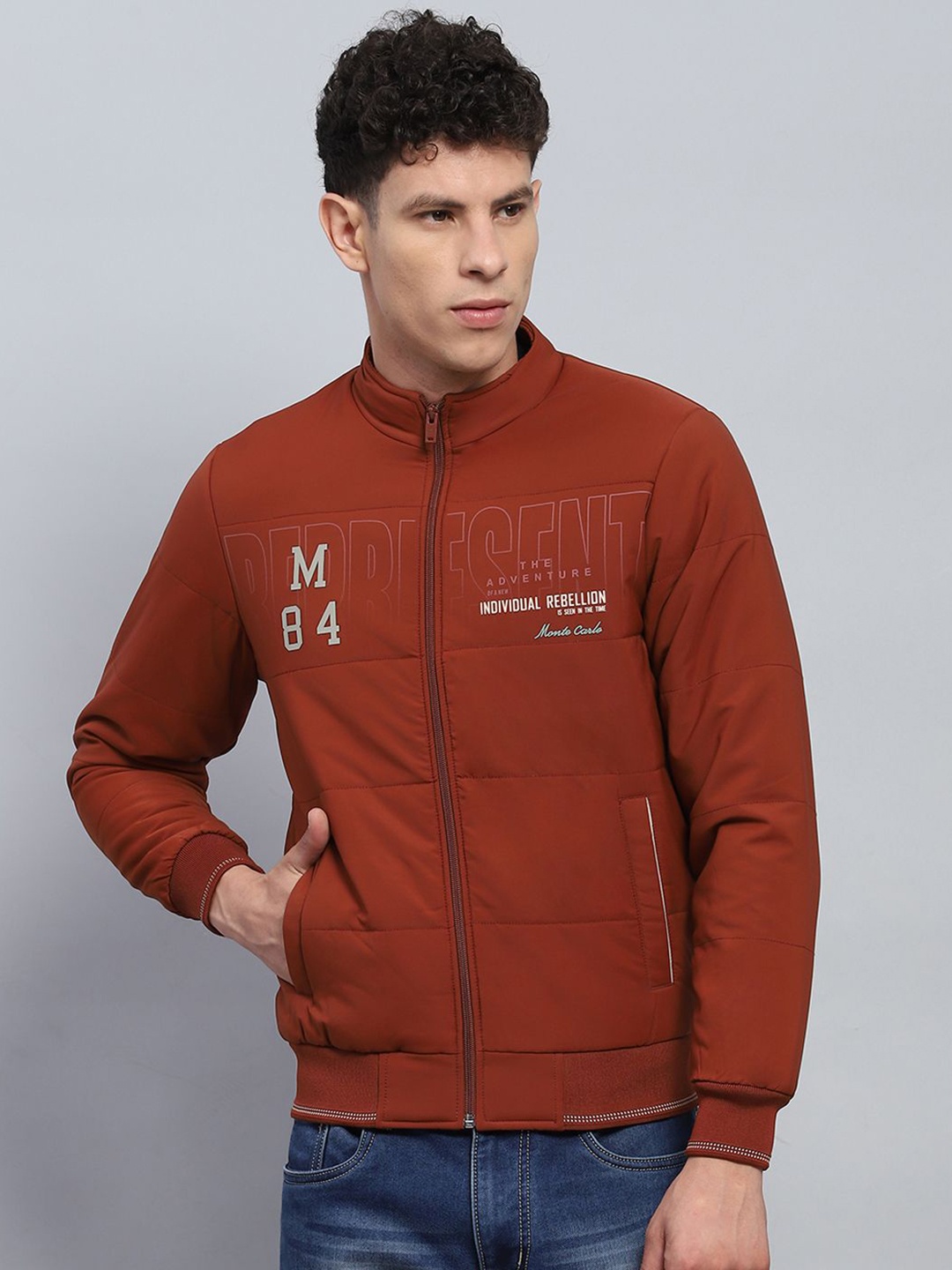 

Monte Carlo Men Mock Collar Typography Printed Casual Bomber Jacket, Rust