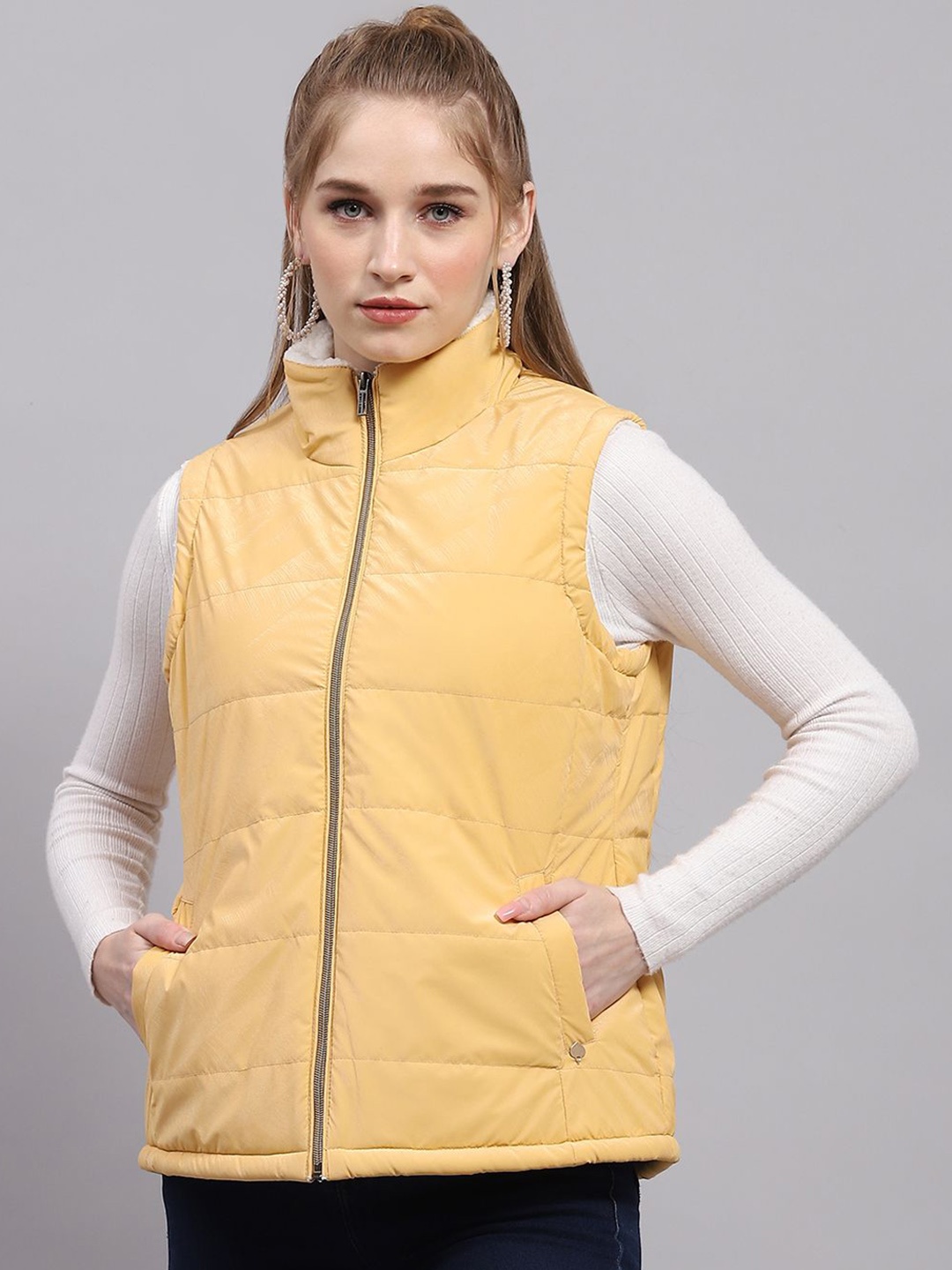 

Monte Carlo Women Mock Collar Solid Casual Padded Jacket, Yellow