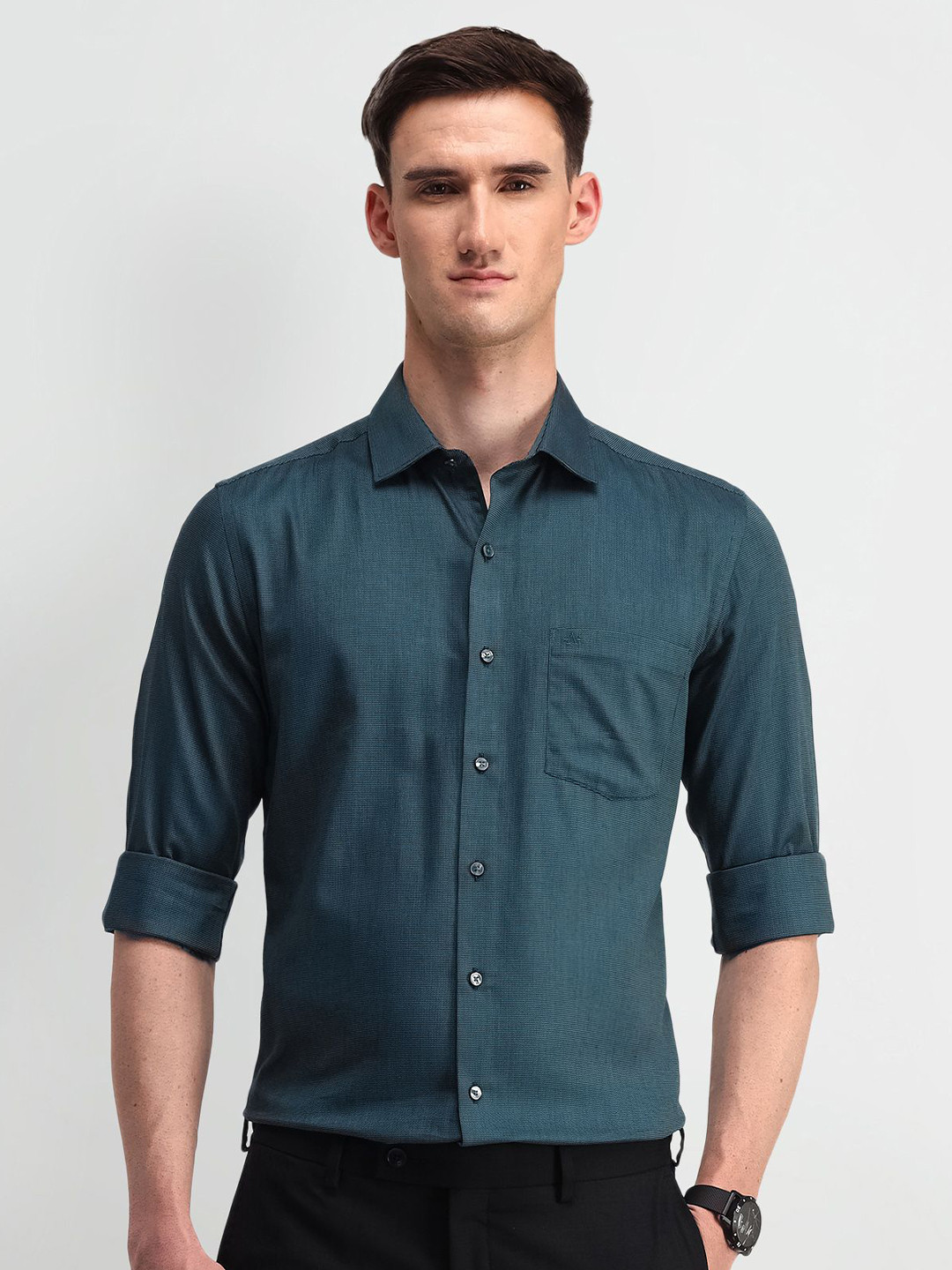 

Arrow Men Classic Spread Collar Micro Ditsy Self Design Cotton Formal Shirt, Green