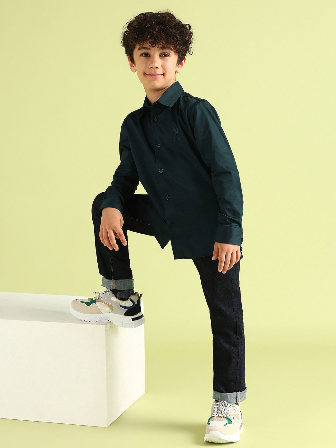 

U.S. Polo Assn. Kids Boys Classic Spread Collar Solid Cotton Casual Shirt, Green