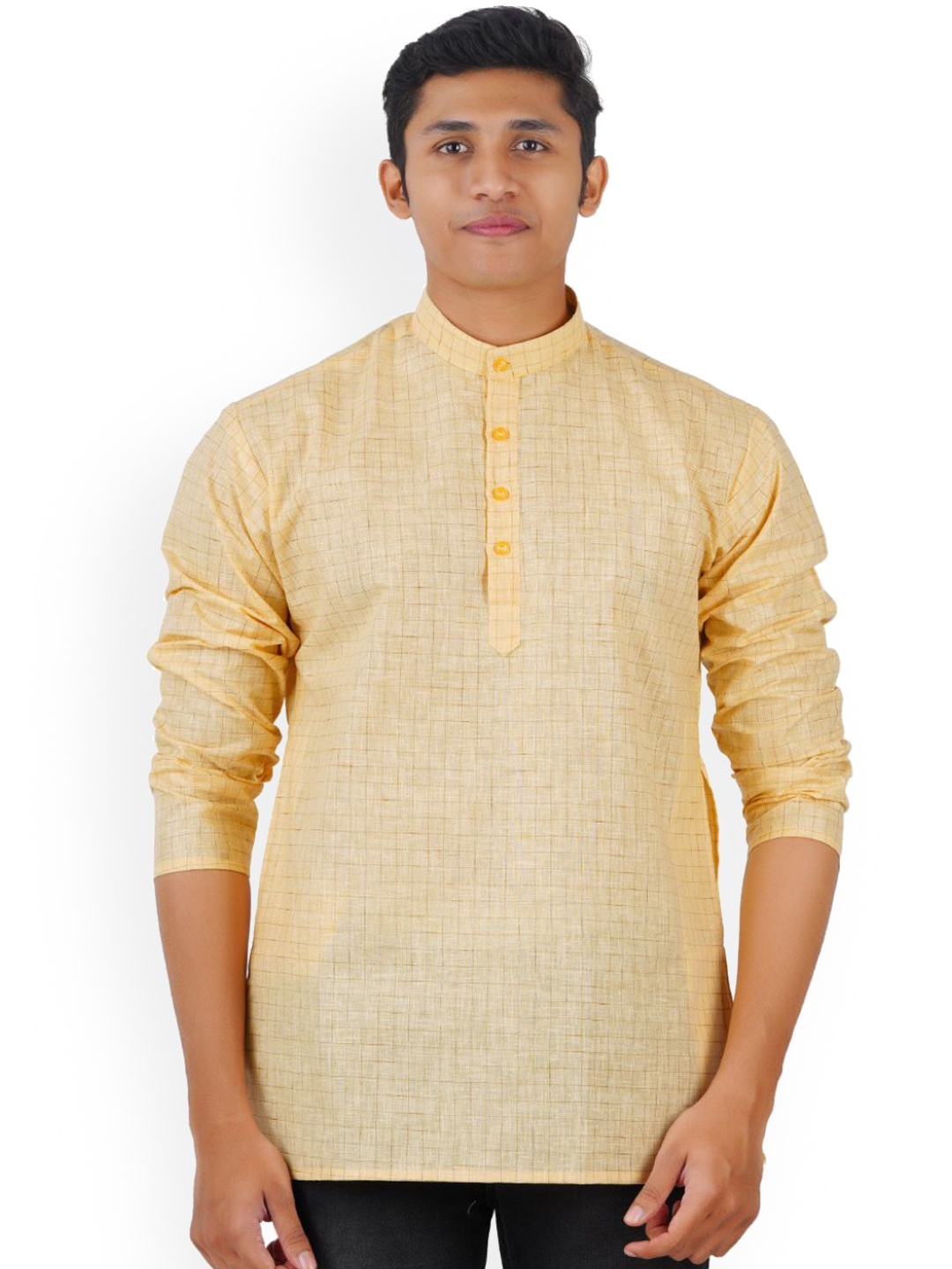 

Ethazh Checked Band Collar Straight Short Kurta, Yellow