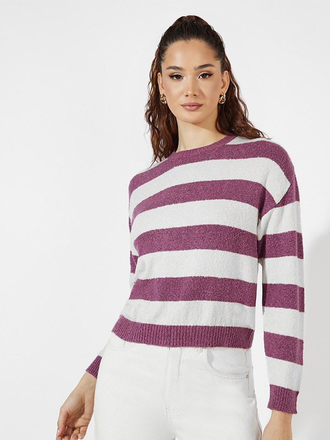 

Styli Women Regular Length Boxy Fit Broad Striper Sweater, Pink