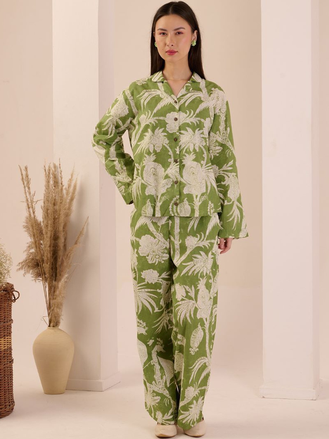 

The Quince Life Printed Pure Cotton Shirt With Trousers, Green