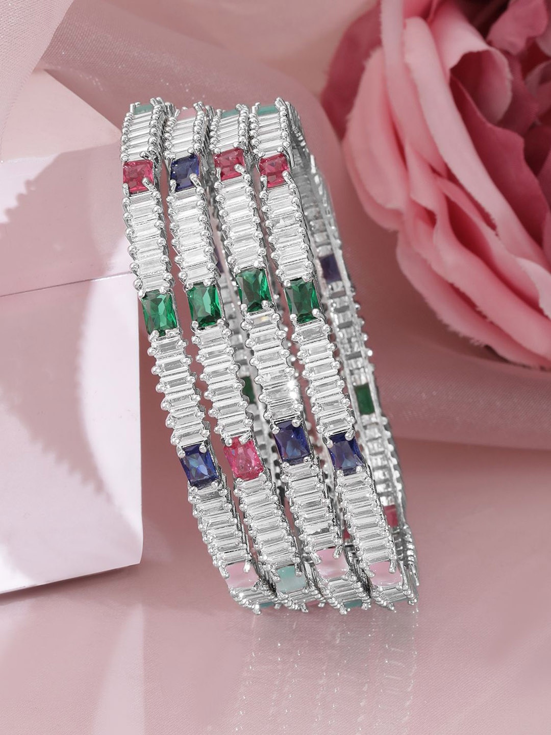 

Rubans Set of 4 Rhodium-Plated Multicolor AD and Cubic Zirconia Studded Premium Bangles, Silver