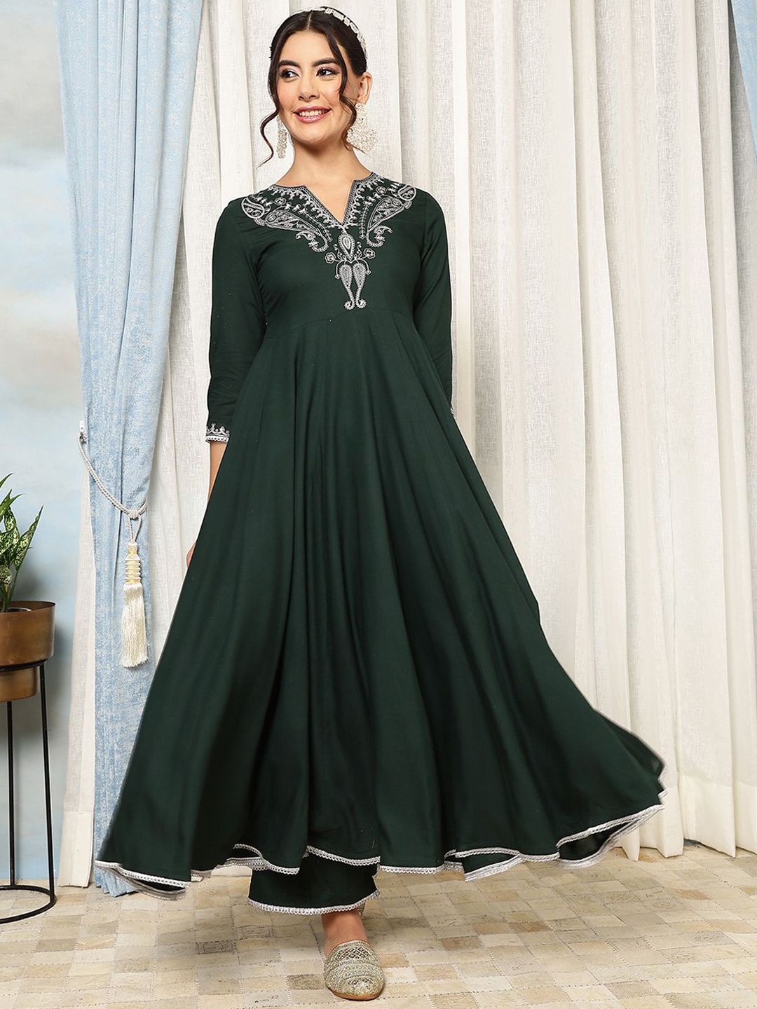 

GULMOHAR JAIPUR Floral Embroidered Anarkali Kurta With Palazzo & Dupatta, Green