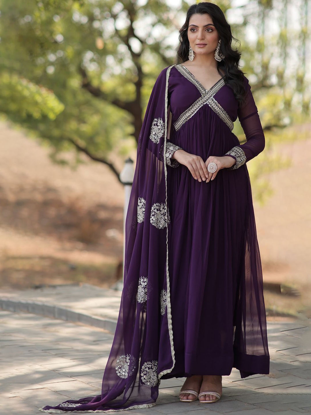 

KALINI V-Neck Thread Work Empire Georgette Maxi Ethnic Dress, Purple
