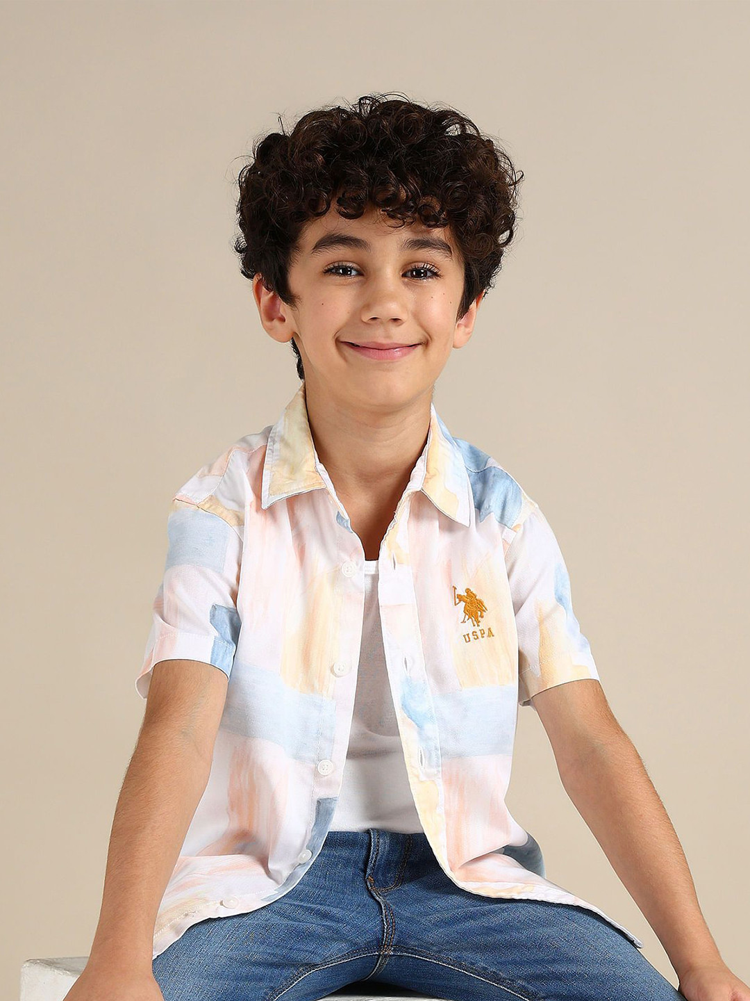 

U.S. Polo Assn. Kids Boys Classic Spread Collar Abstract Printed Casual Shirt, Yellow