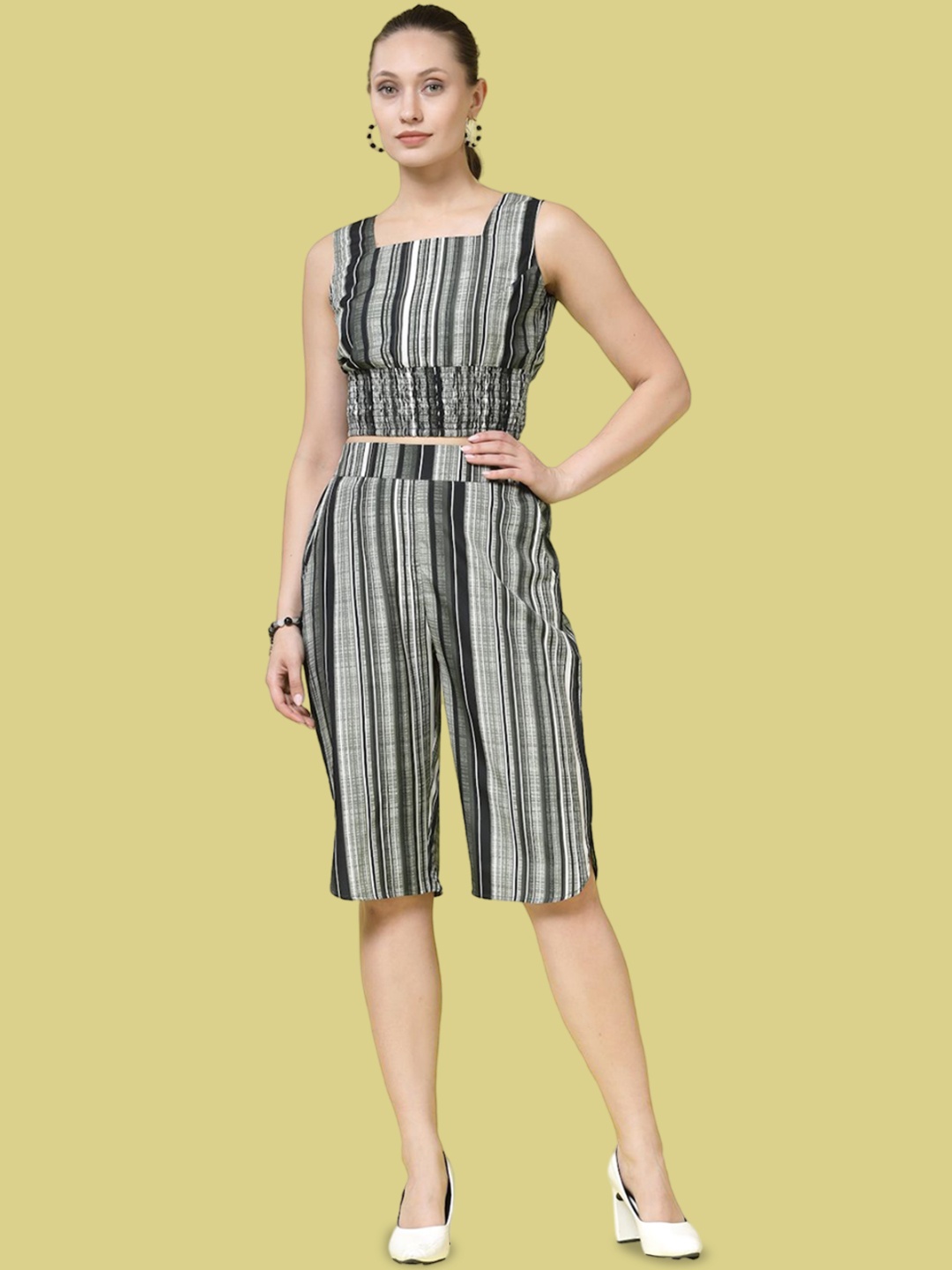 

BEING NAUGHTY Striped Square Neck Sleeveless Top With Shorts, Olive