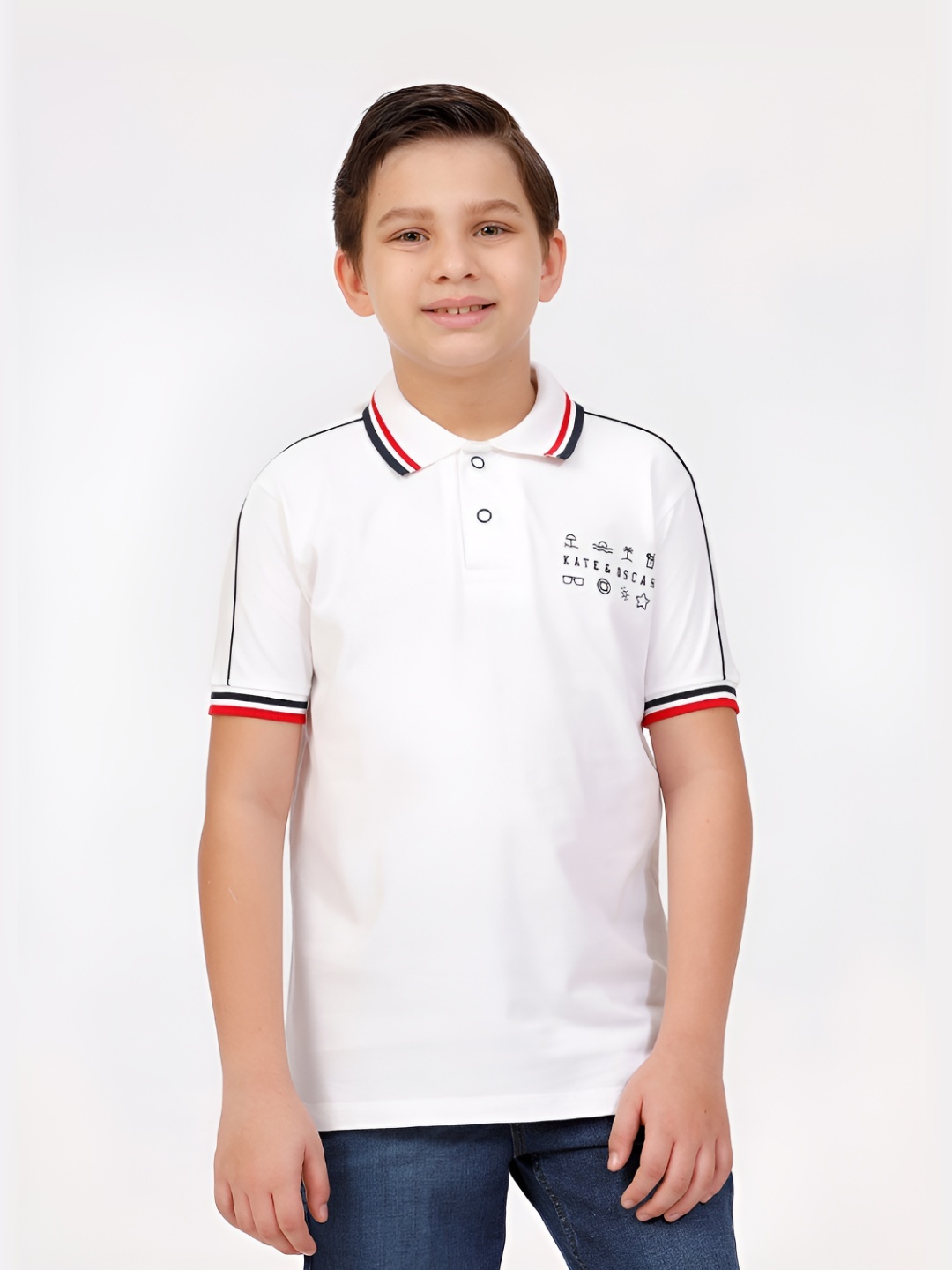 

KATE & OSCAR Boys Solid Printed Polo Collar Cotton T-shirt, White