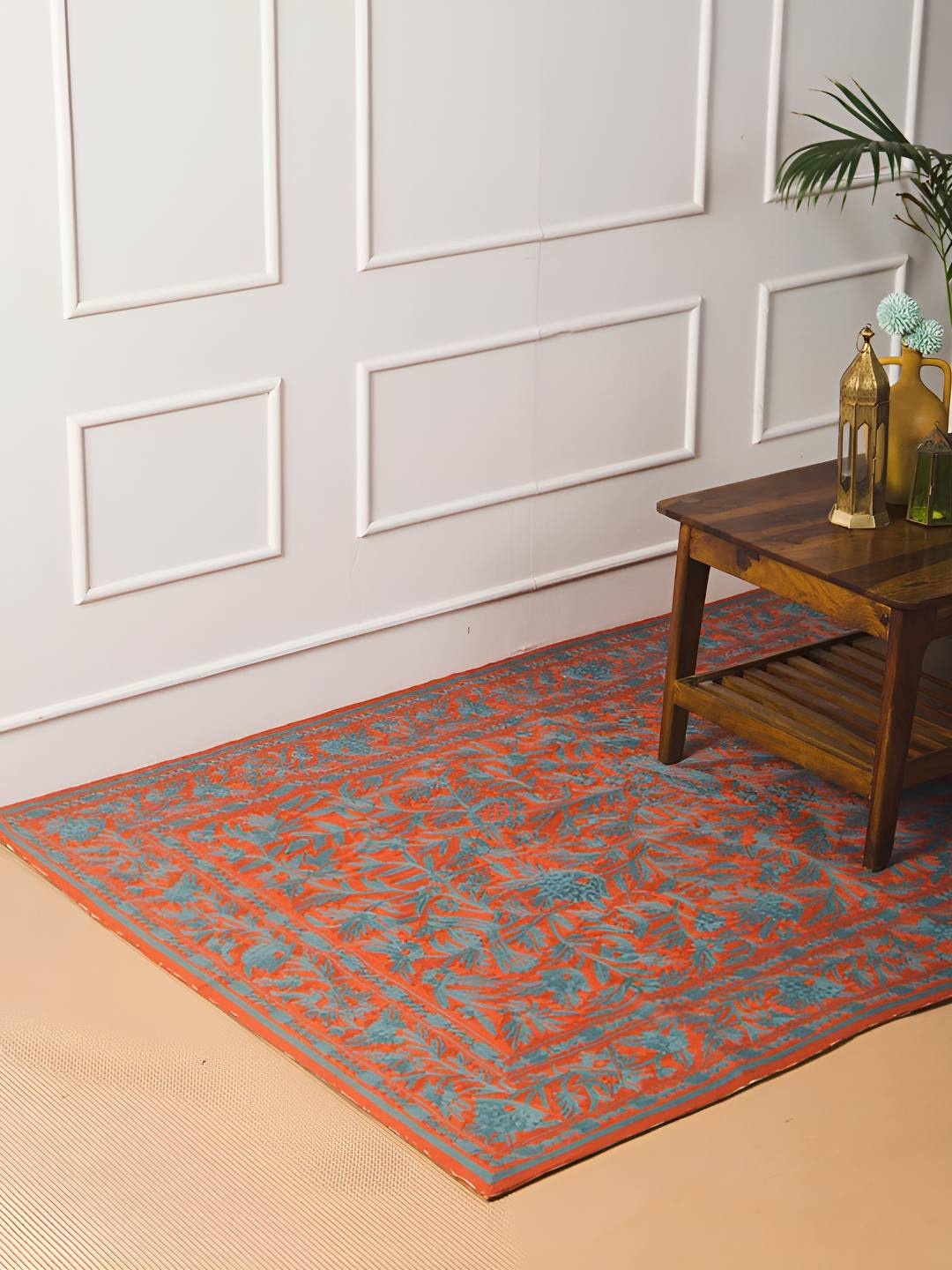 

Fabindia Orange Coloured & Grey Printed Wool Dhurrie