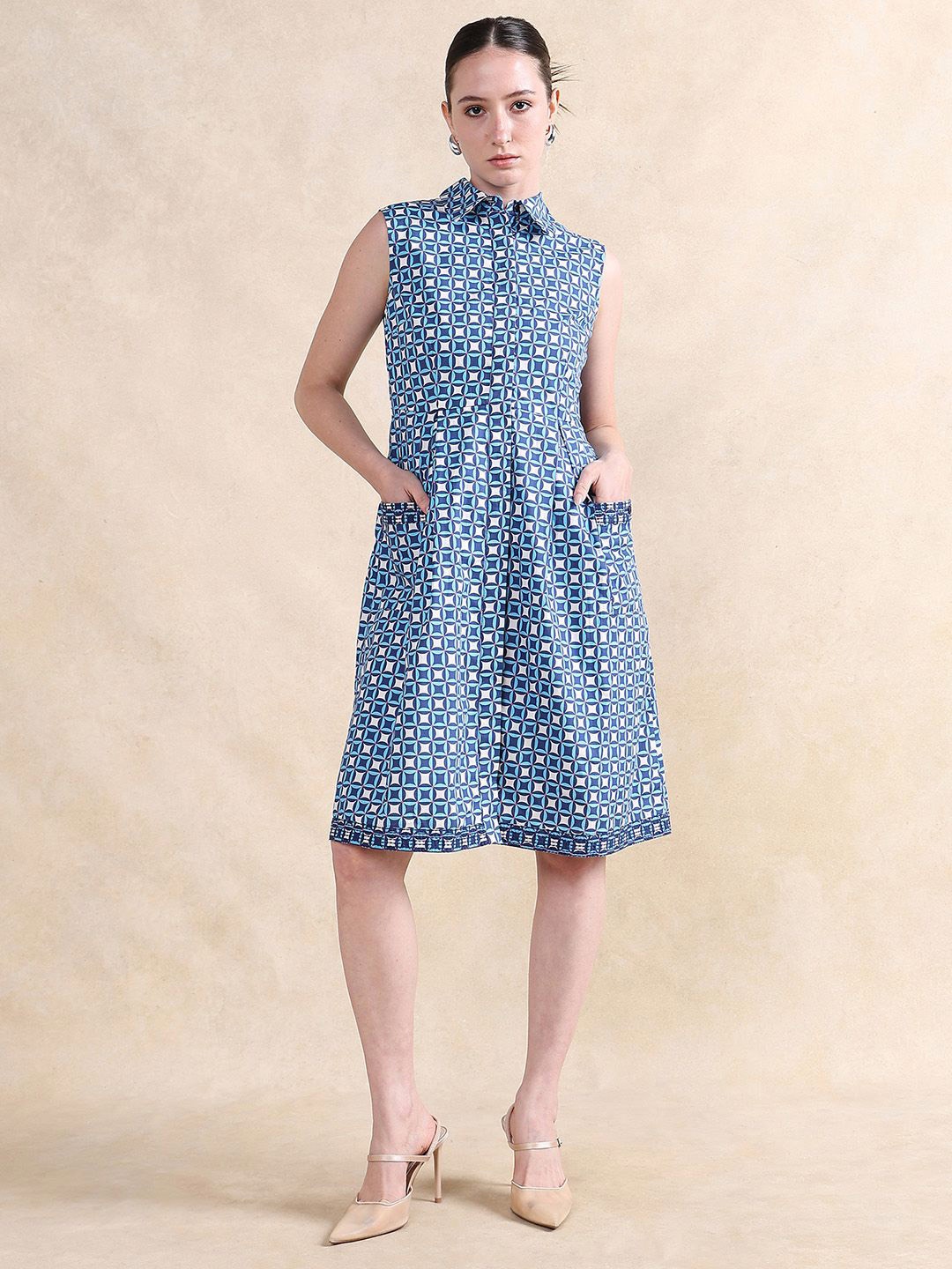 

RAREISM Women Cotton Sleeveless A-Line Knee Length Dress, Blue