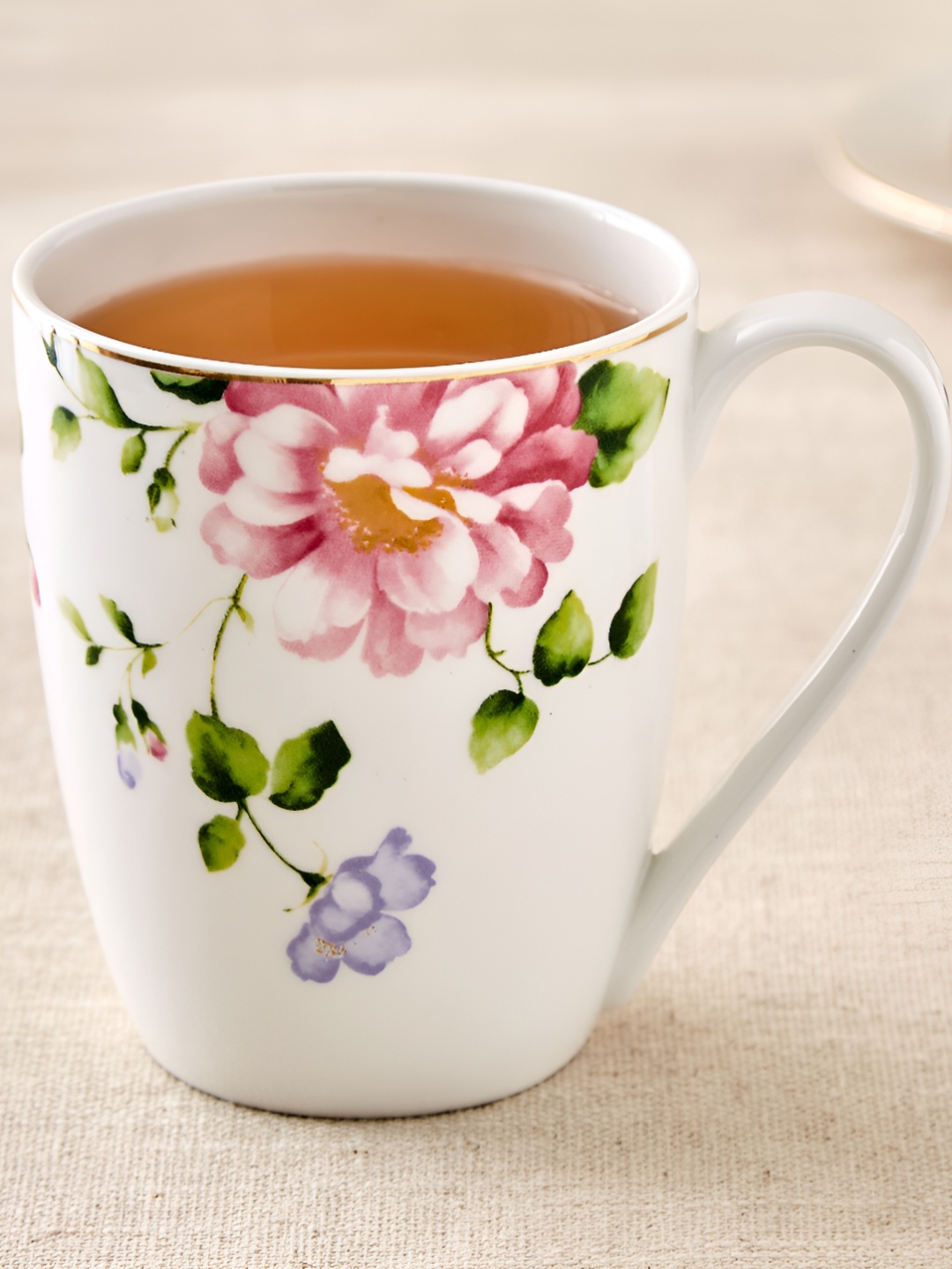 

Home Centre White & Pink Floral Printed Bone China Glossy Mugs Set of Cups and Mugs
