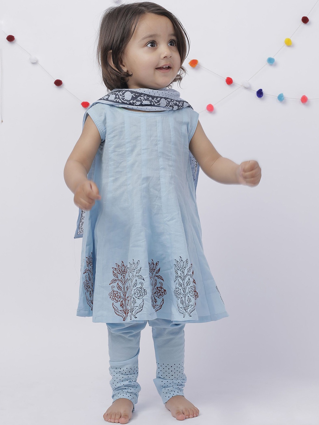 

TJORI Girls Floral Printed Pure Cotton Anarkali Kurta with Patiala & Dupatta, Blue