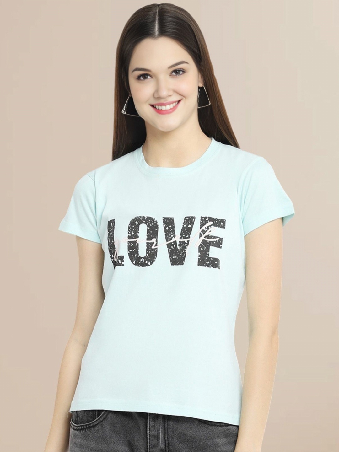 

Metronaut Women Typography Printed Round Neck Cotton T-shirt, Blue