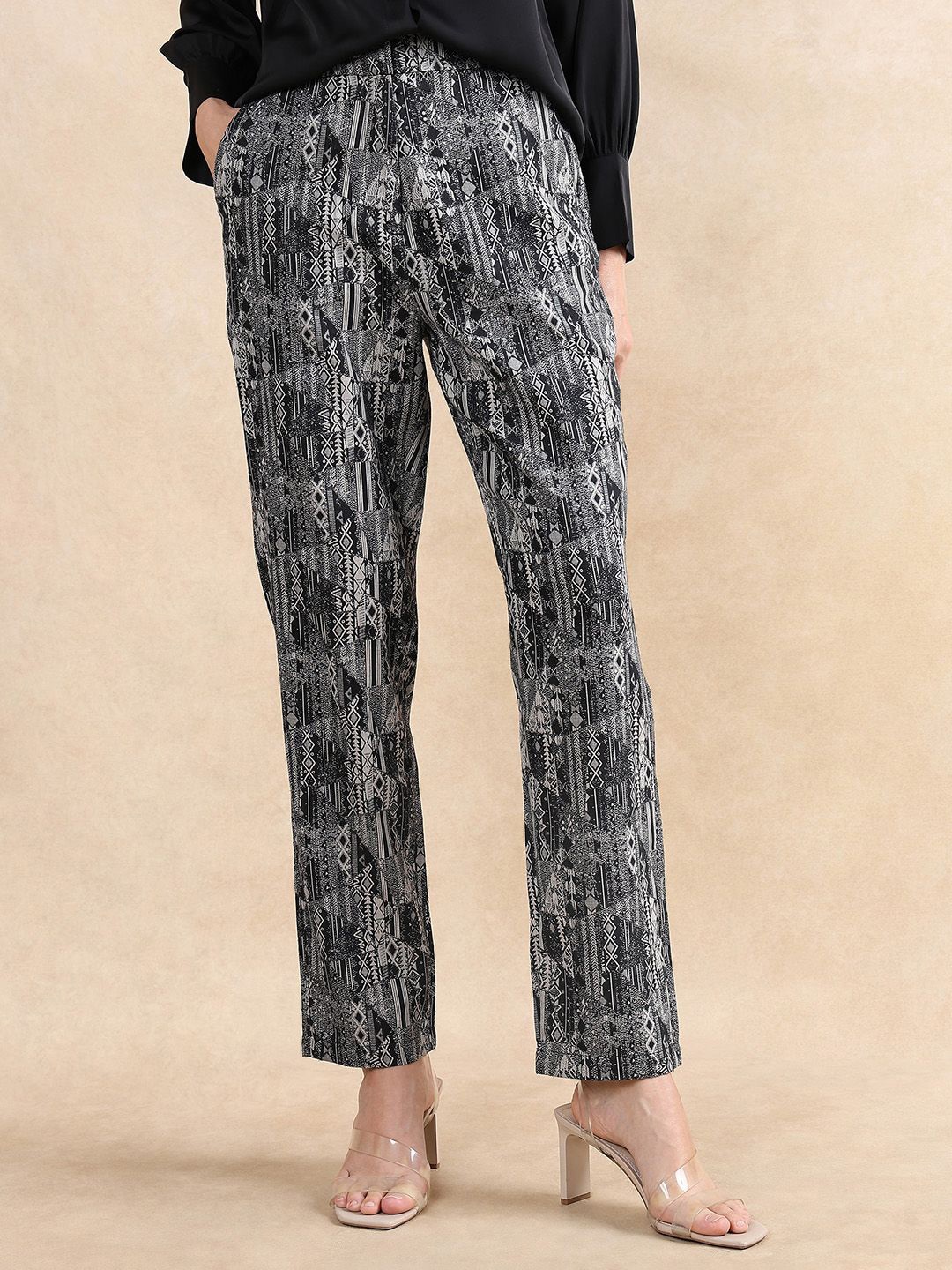 

RAREISM Women Tailored Straight Fit High-Rise Trousers, Black