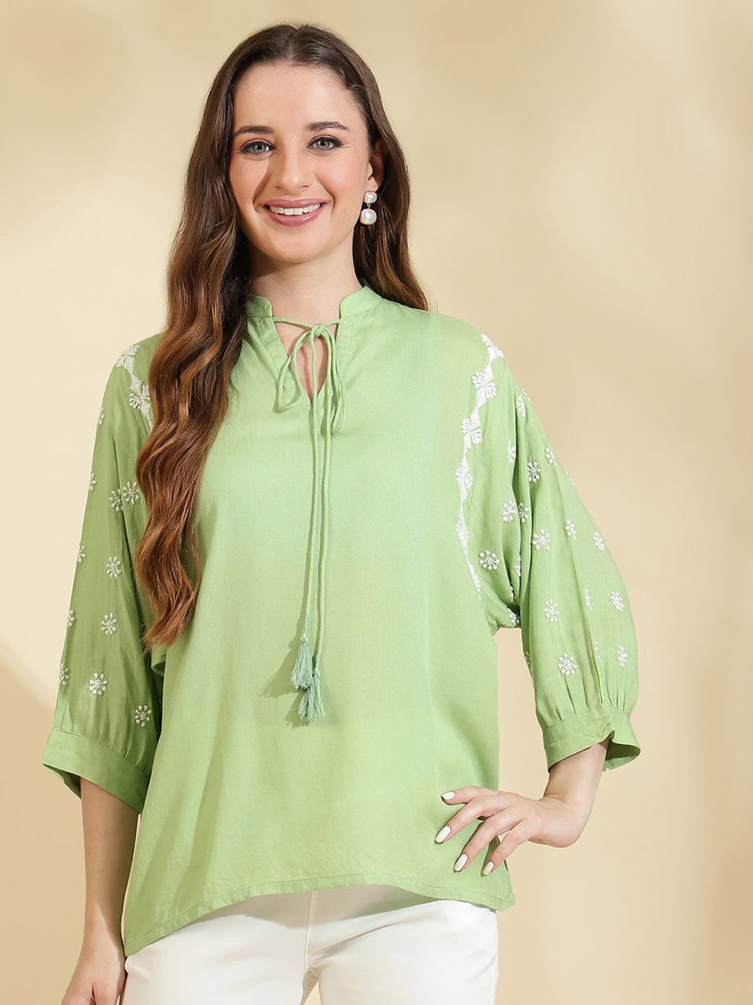 

Sringam Embroidered Tie-Up Neck Cotton Top, Green