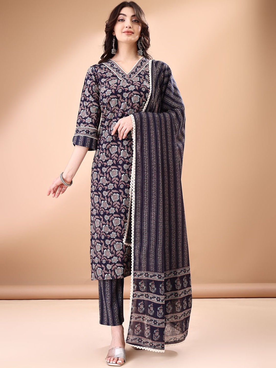 

Anouk Floral Printed V-Neck Regular Pure Cotton Kurta With Trouser With Dupatta, Navy blue