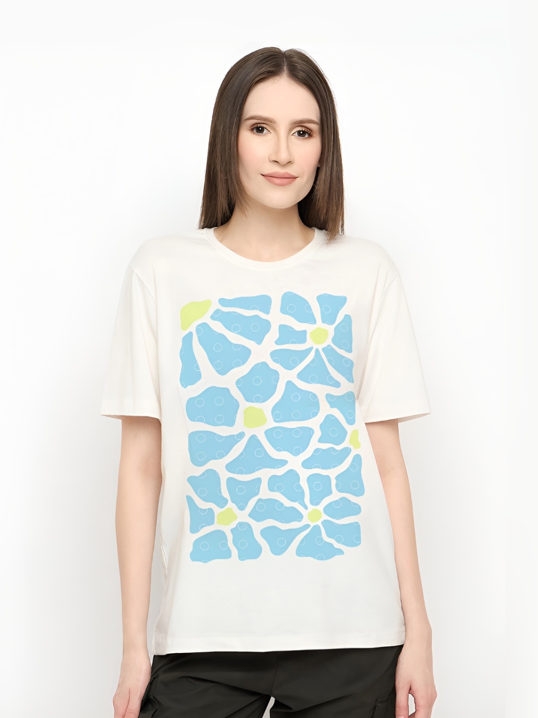 

Mast & Harbour Women Floral Printed Round Neck Pure Cotton T-shirt, Cream