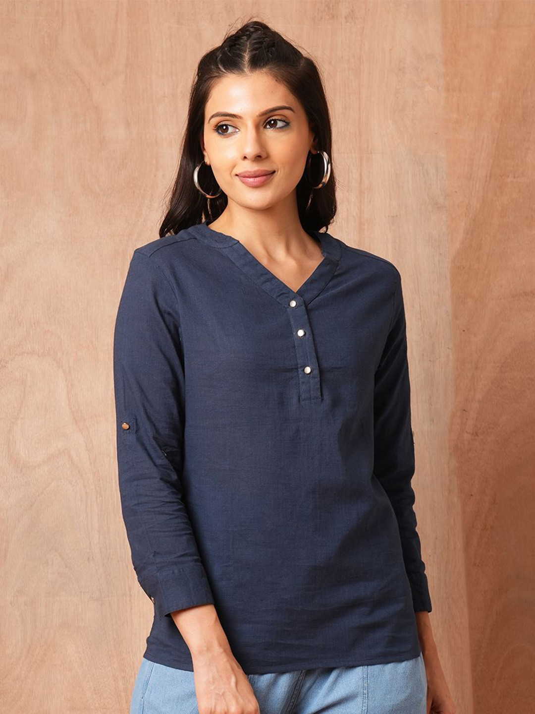 

The Roadster Women Lifestyle Co. Mandarin Collar Pure Cotton Top, Navy blue