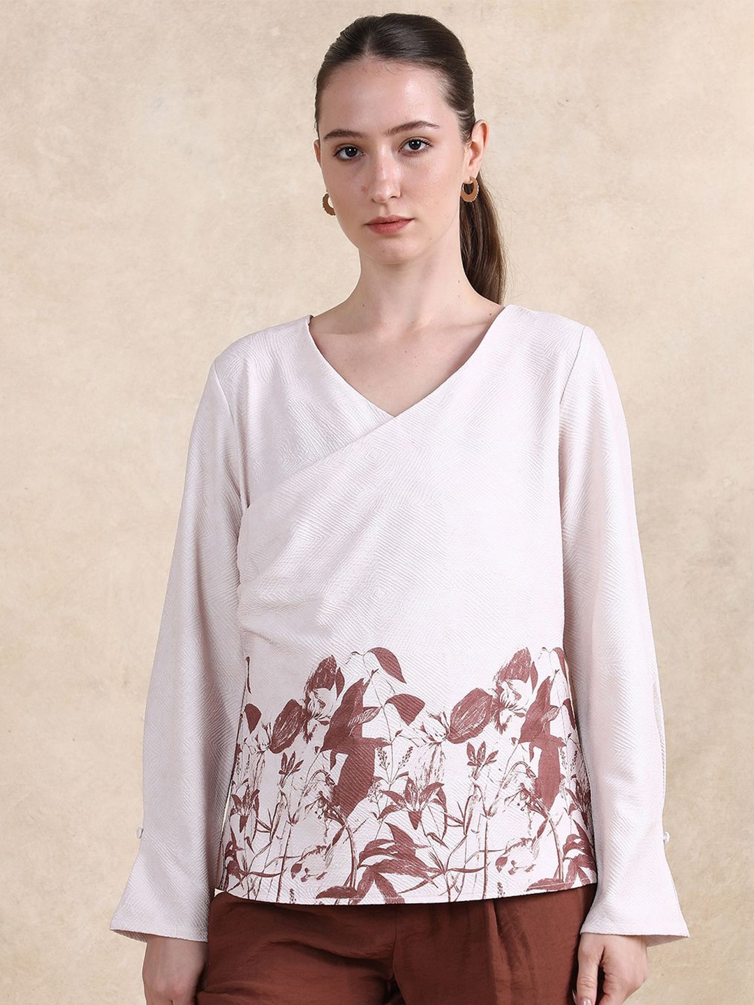 

RAREISM Floral Printed Cotton Top, Beige