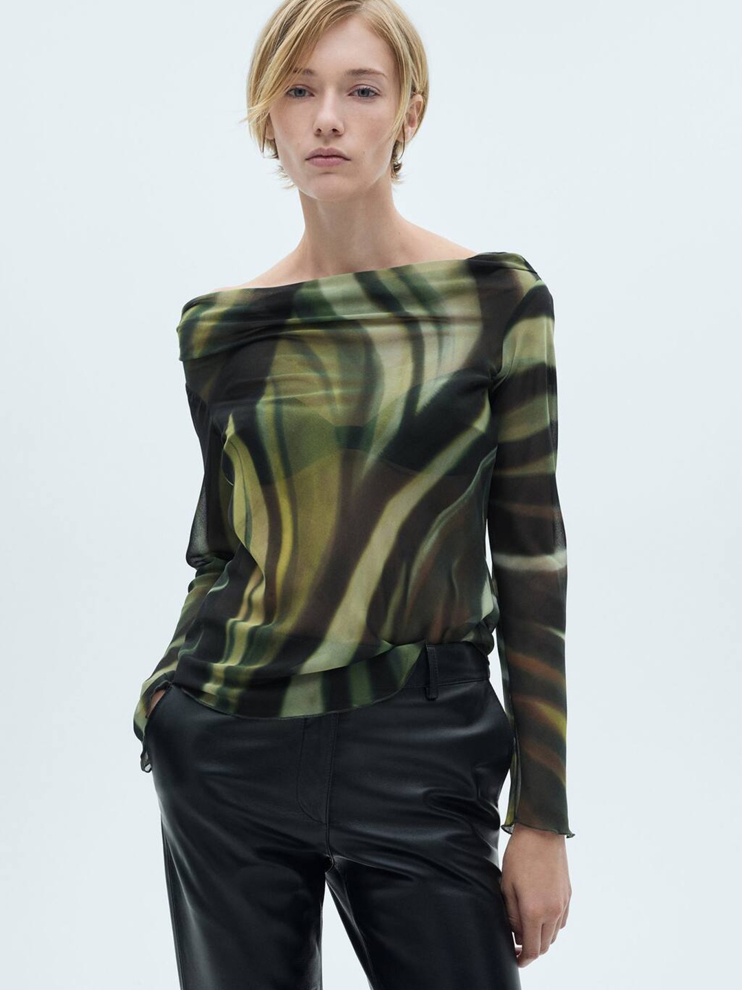 

MANGO Dyed Off-Shoulder Sheer Bardot Top, Green