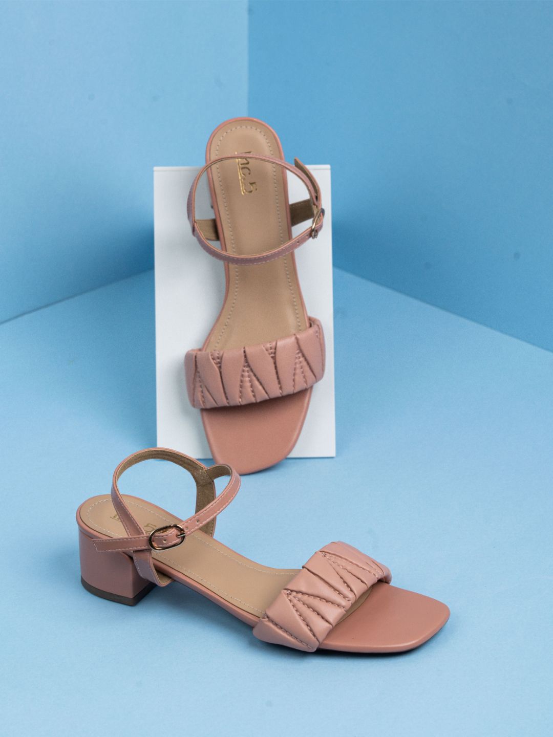 

Inc 5 Women Square Toe Block Sandals With Buckle Closure, Peach