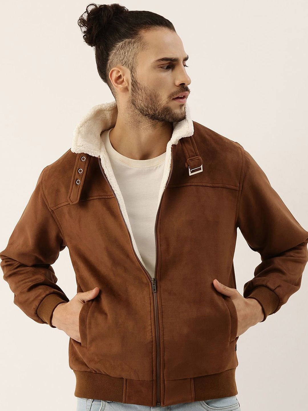 

Campus Sutra Men Spread Collar Solid Casual Bomber Jacket, Brown