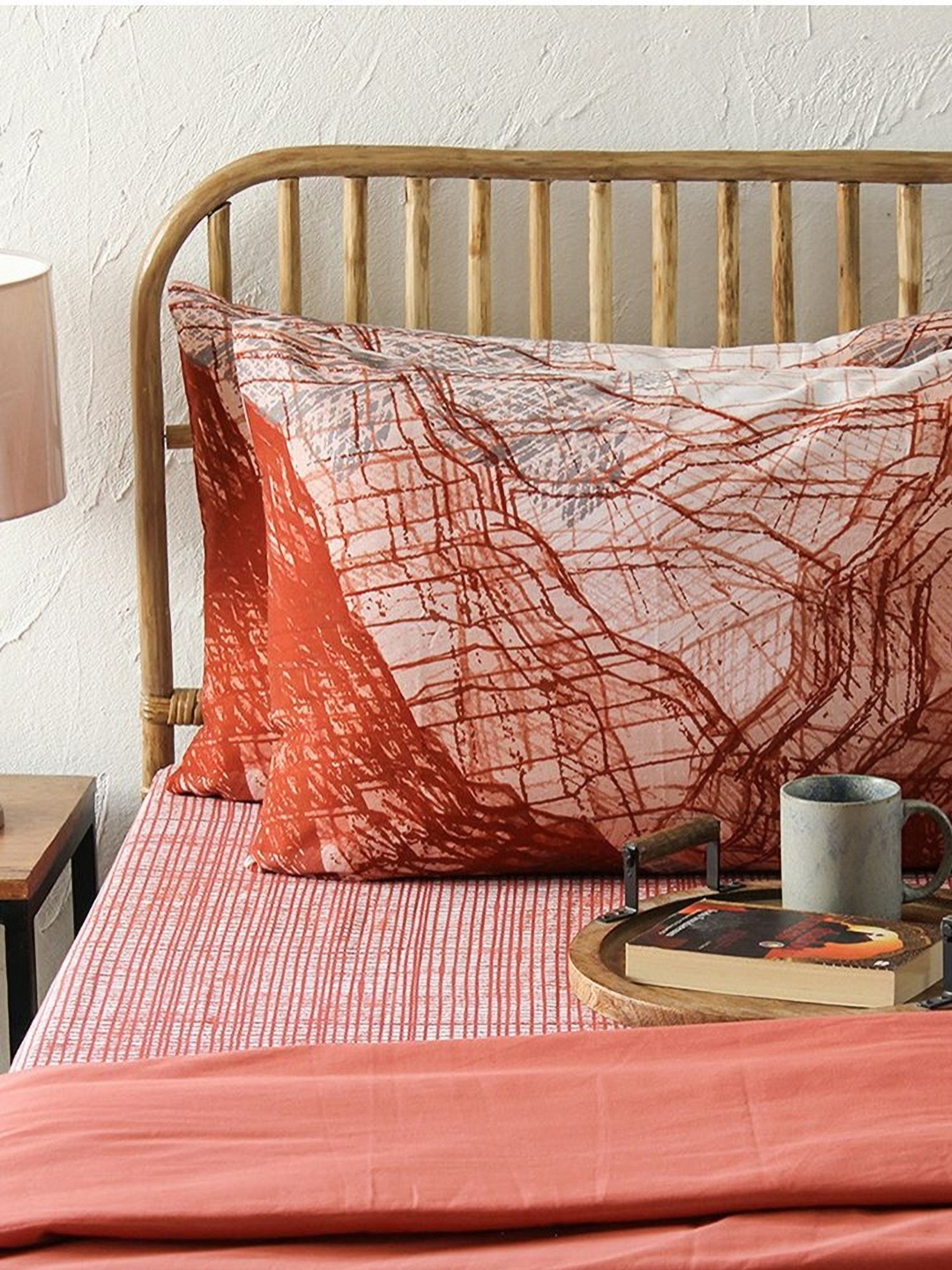 

HOMPRIN Rust & Pink 2 Pieces Abstract Pure Cotton Rectangle Pillow Covers