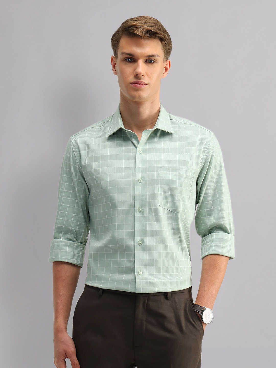 

AD By Arvind Men Spread Collar Checks Striped Cotton Slim Fit Casual Shirt, Green