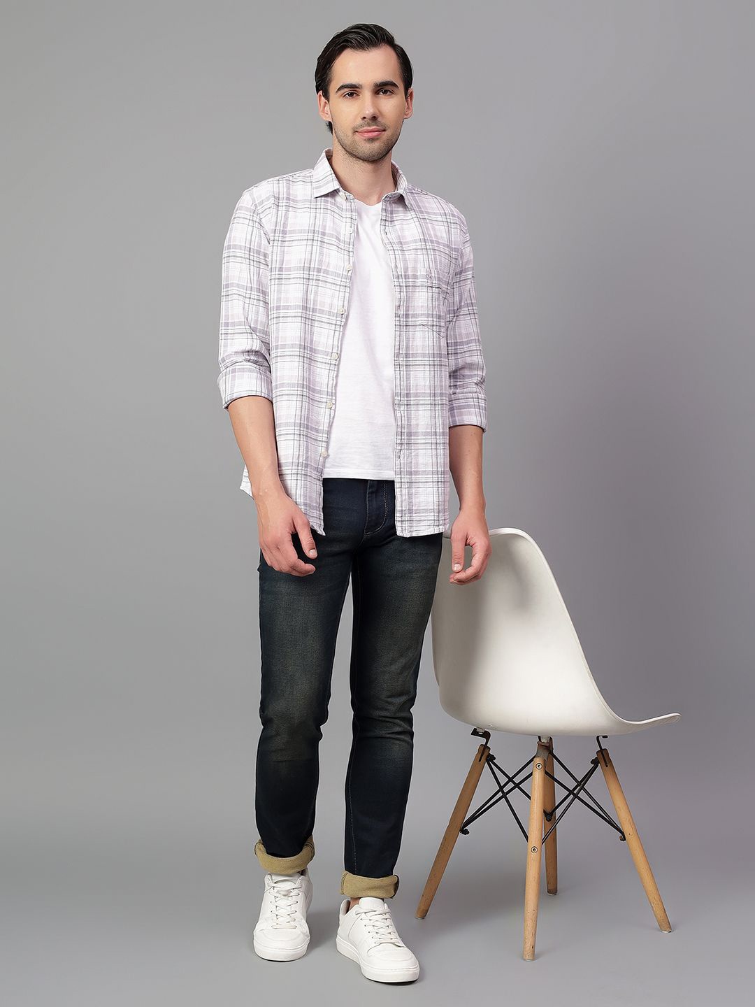 

Cantabil Men Spread Collar Checked Cotton Slim Fit Casual Shirt, Purple