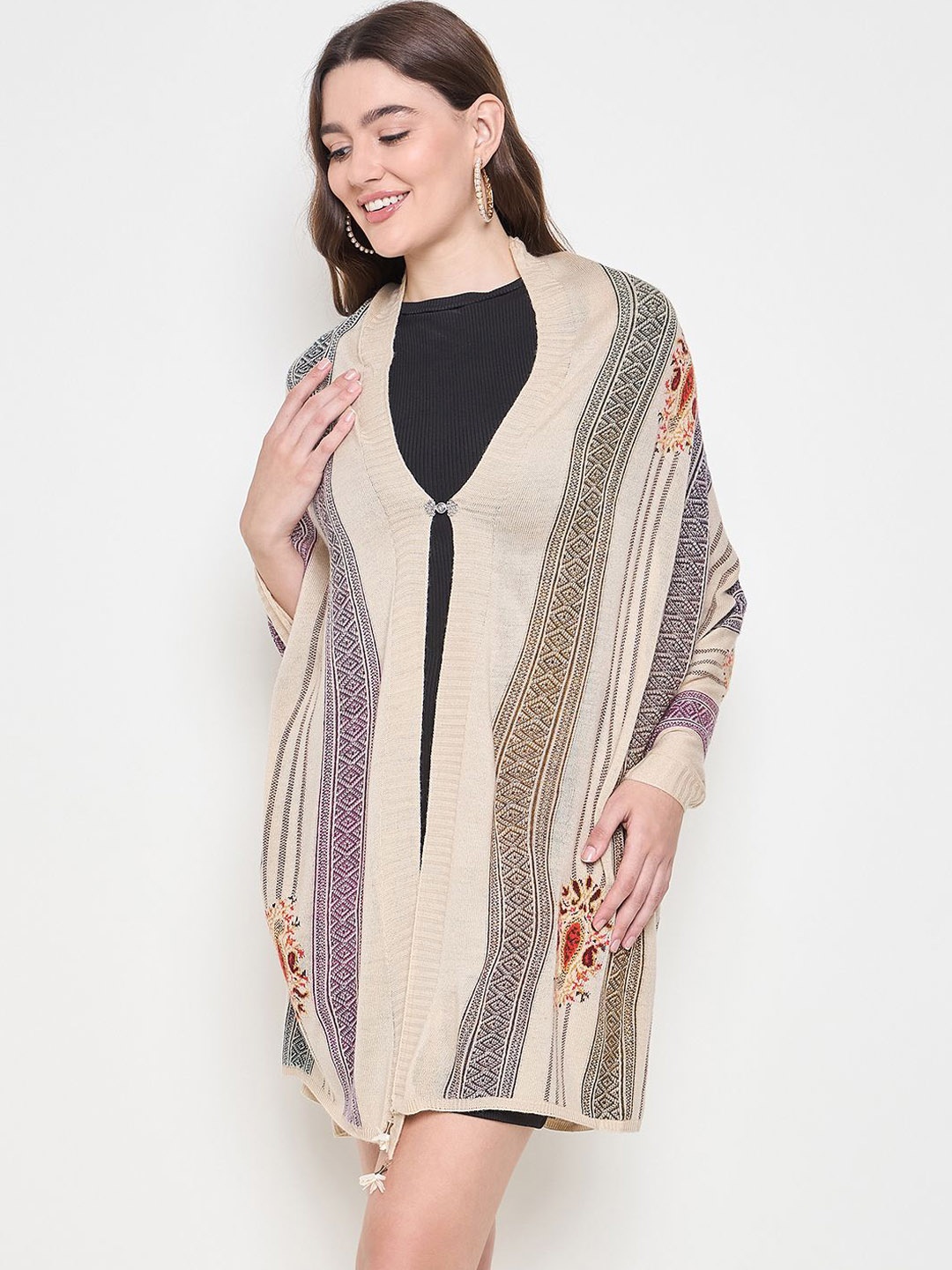 

Knitstudio Striped Printed V-Neck Poncho Sweaters, Camel brown